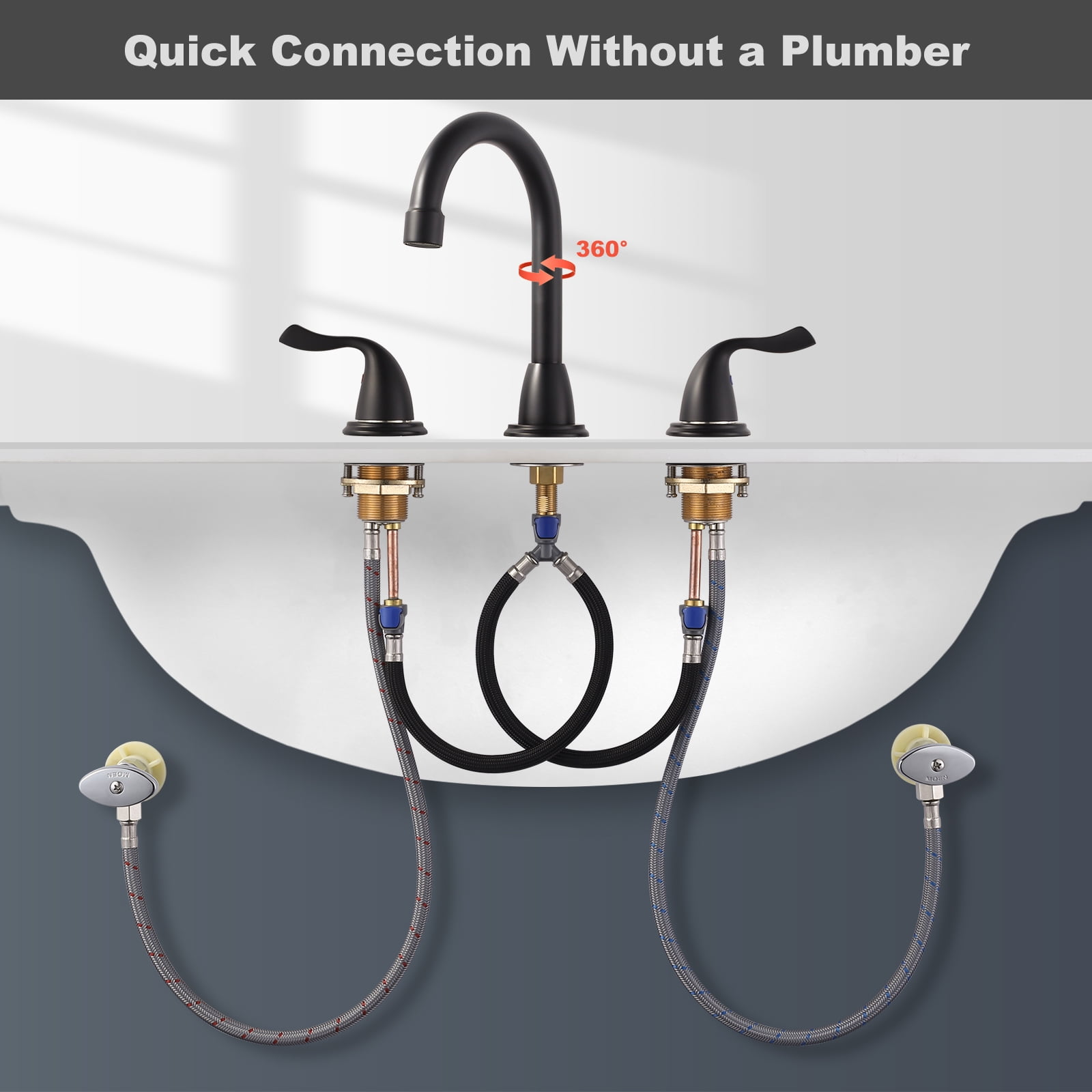 Matte Black Bathroom Faucet 3 Hole, WOWOW 8 Inch Widespread Bathroom Faucet, 2 Handles Bathroom Sink Faucet with Pon Up Drain and cUPC Supply Lines, 360 Swivel Faucet for Bathroom Sink