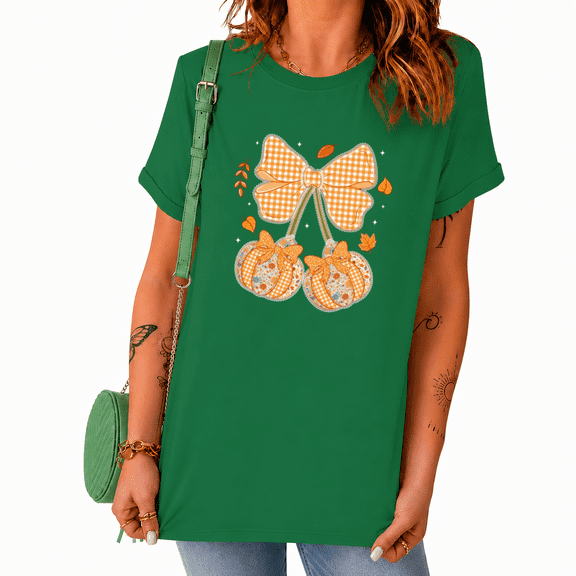 UNISHE Plaid Bow Pumpkin Cute Hand Drawn Fall Design for Women Short Sleeve Crew Neck Graphic Tee
