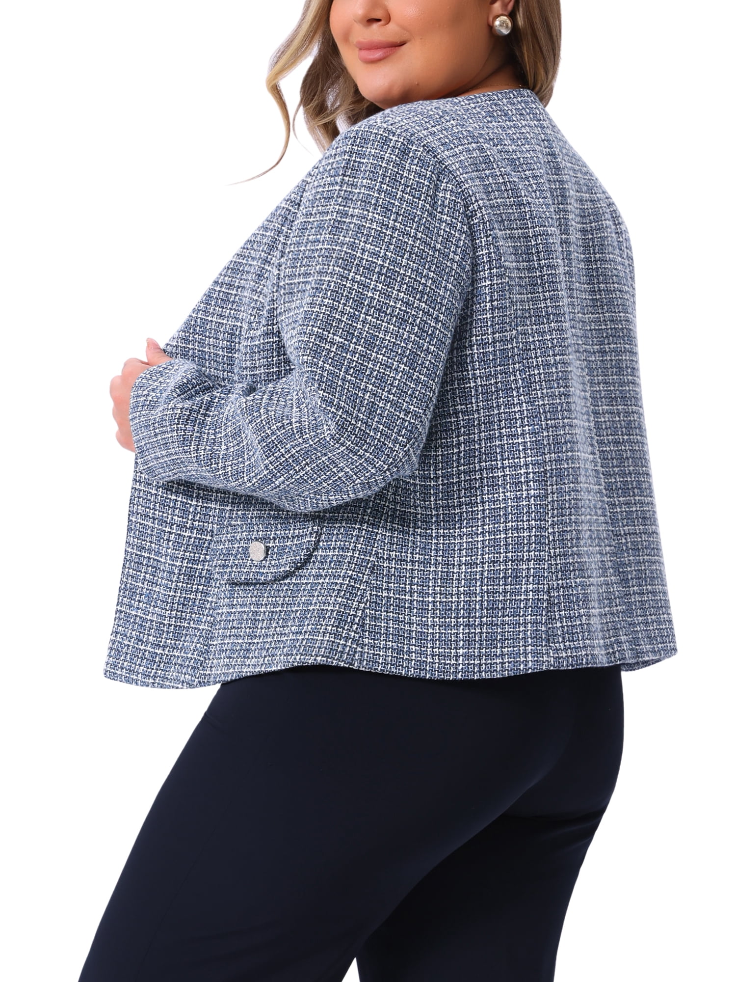 DARING DIVA Women's Plus Size Blazer Collarless Long Sleeve Open Front Jacket 3X Blue