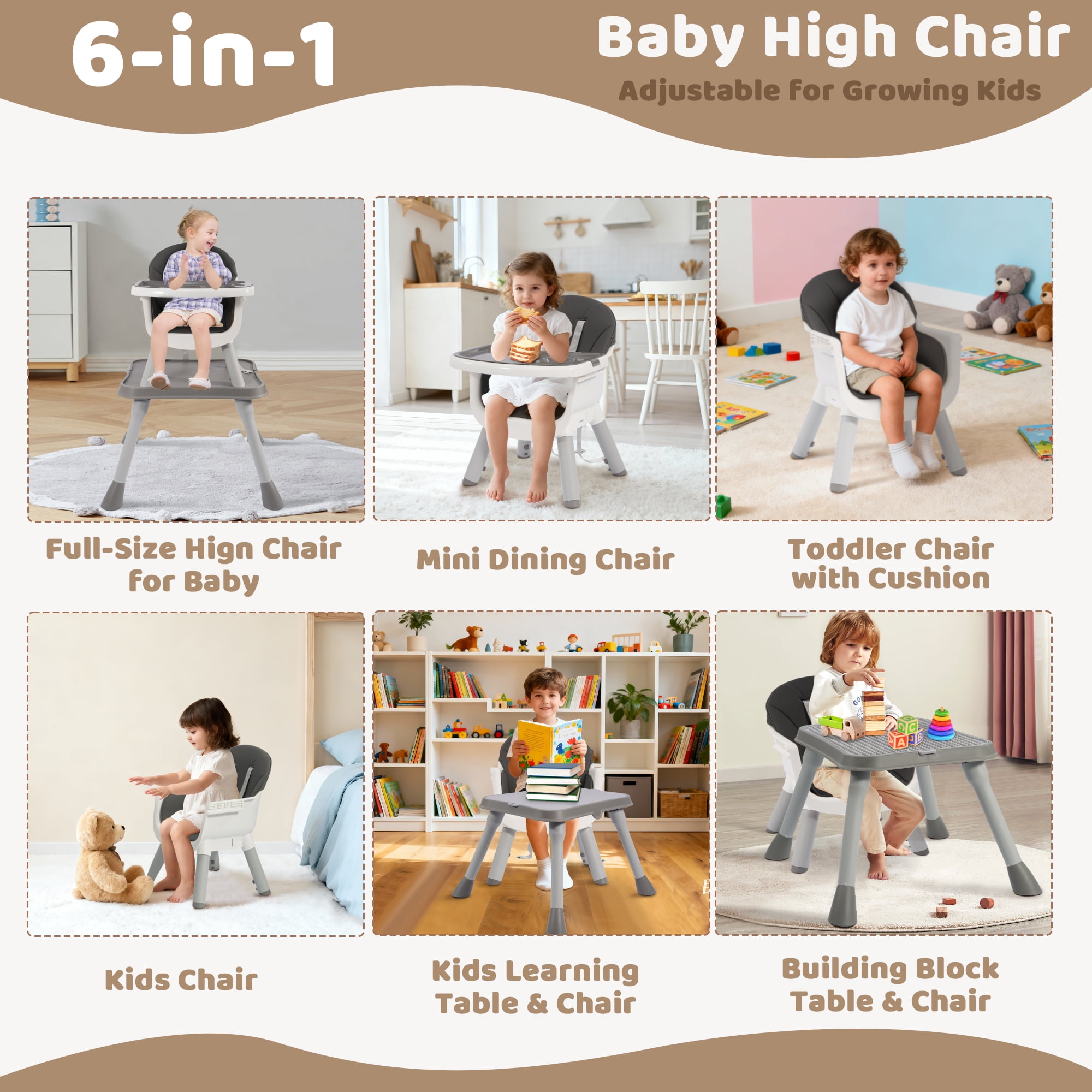 Signature Fitness Plastic Baby High Chair with Tray, Gray-White Feeding Chair for Toddlers