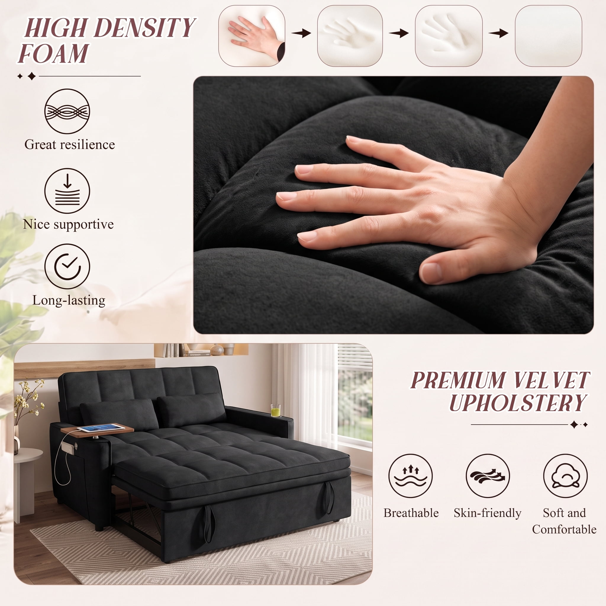 avobird 54'' Pull Out Sofa Bed, Convertible Sleeper Couch for for Living Room, Side Desk, USB Ports, Cup Hold, Velvet Fabric, Adjustable Backrest, Black