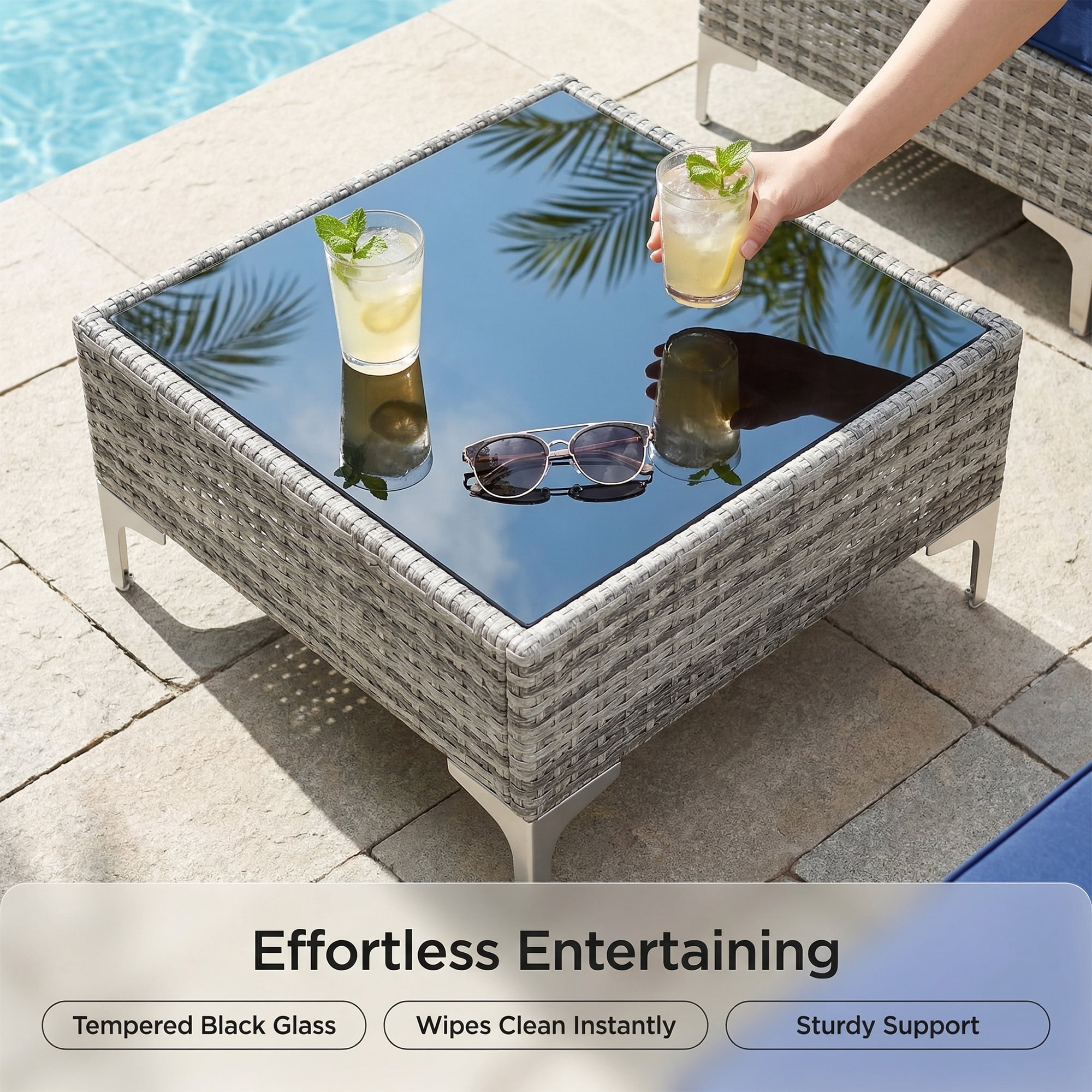 LAZZO 7-Piece Outdoor Conversation Set, Wicker Patio Furniture Set with Cushions and Coffee Table, Blue