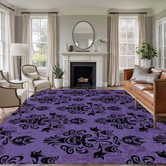 Area Rug for Living Room, Halloween Non-Slip Indoor Ex Large Carpet for Bedroom/Dining Room, Purple Black Haunted-House Fall Seasonal Washable Low-Profile Rectangle Floor Runner Rugs - 8 x 10 Ft