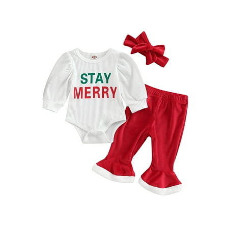 

Bagilaanoe 3Pcs Newborn Baby Girl Christmas Outfits Letter/ Santa Hat Print Long Sleeve Romper Tops + Flared Trousers + Headband 3M 6M 12M 18M Infant Fall Long Pants Set