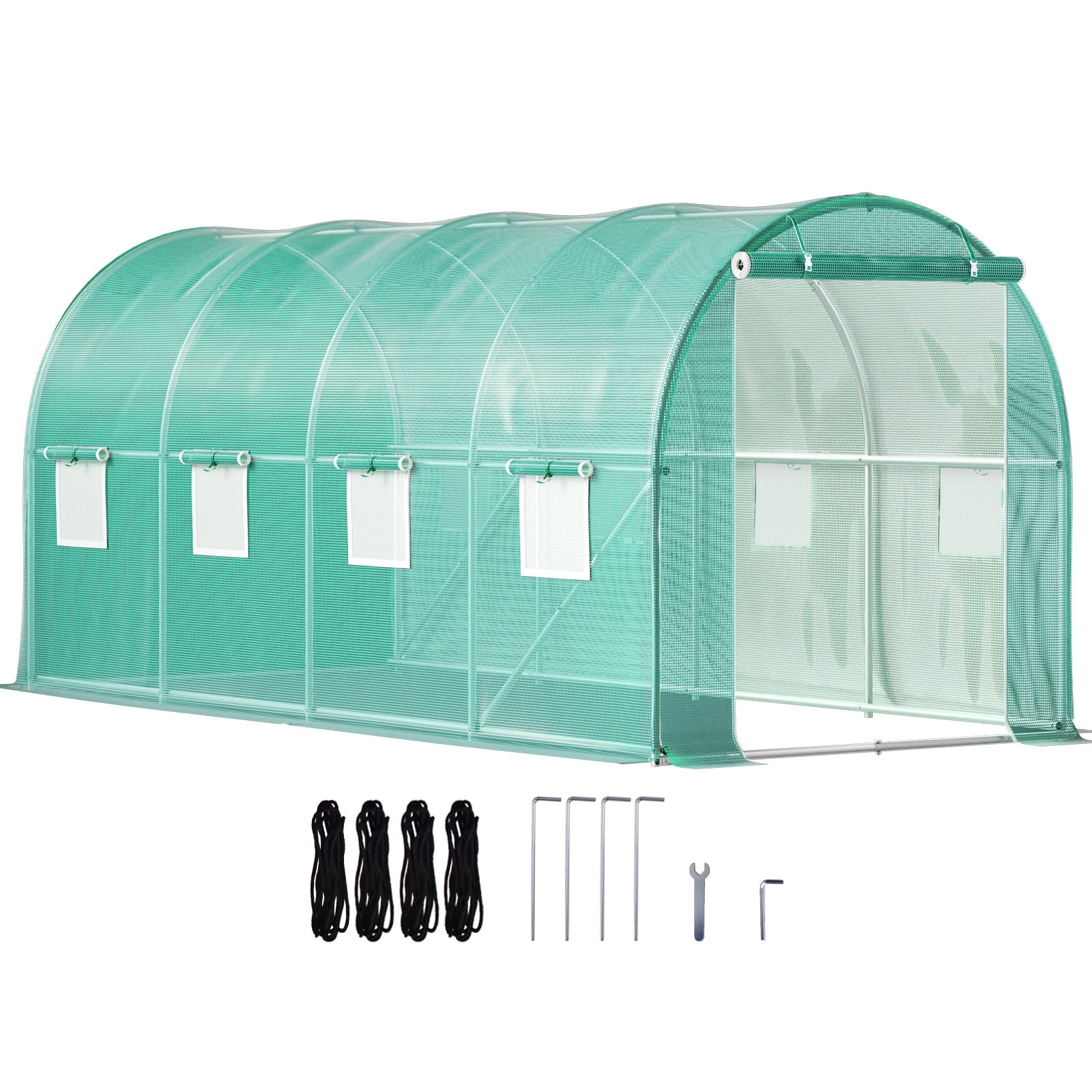 KFFKFF Walk-in Tunnel Greenhouse, 15 x 7 x 7 ft Portable Plant Hot House w/ Galvanized Steel Hoops,Diagonal Poles, Zippered Door & 8 Roll-up Windows, 1 Top Beam, Green