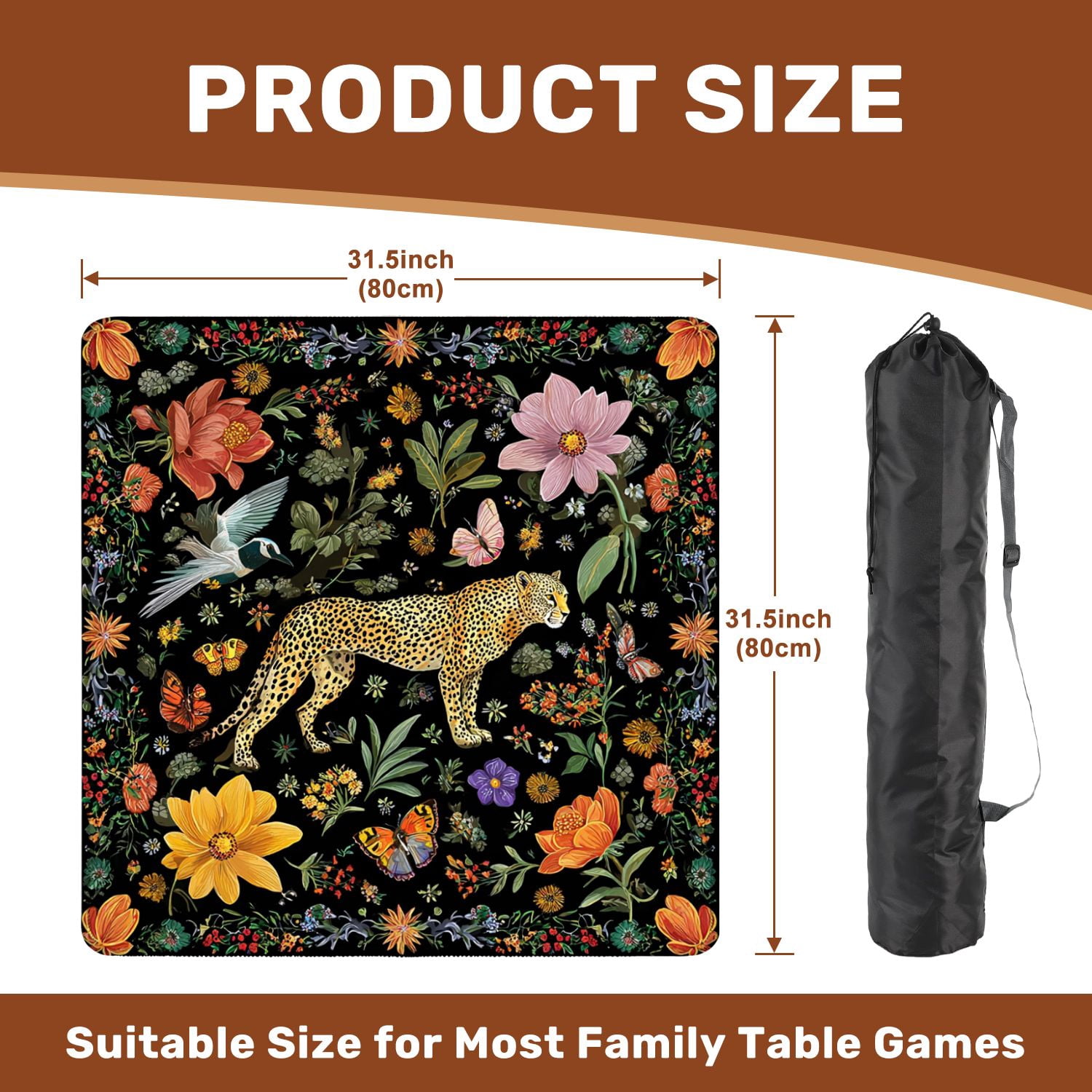 Mahjong Mat 31.5" x 31.5" Floral Wildlife Cheetah Birds Butterfly Vibrant Flowers Black Non-Slip Noise Reduction American Mahjong Tiles Table Cover for Dominoes Poker Card Board Games Gift