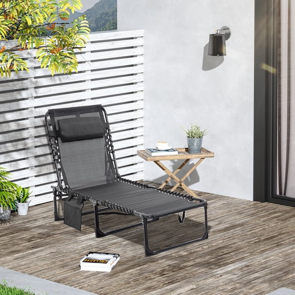 Outsunny Reclining Chaise Lounge Chair, Portable Sun Lounger, Folding Camping Cot, with Adjustable Backrest and Removable Pillow, for Patio, Garden, Beach, Black