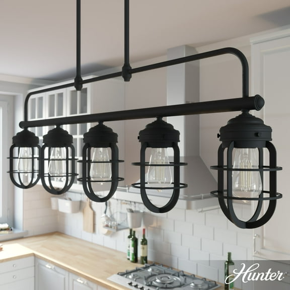 Hunter - Starklake 5-light Natural Black Iron, Extra Large Chandelier, Dimmable, Modern Style, Linear Shaped, for Bedrooms, Dining, Living Rooms - 19667
