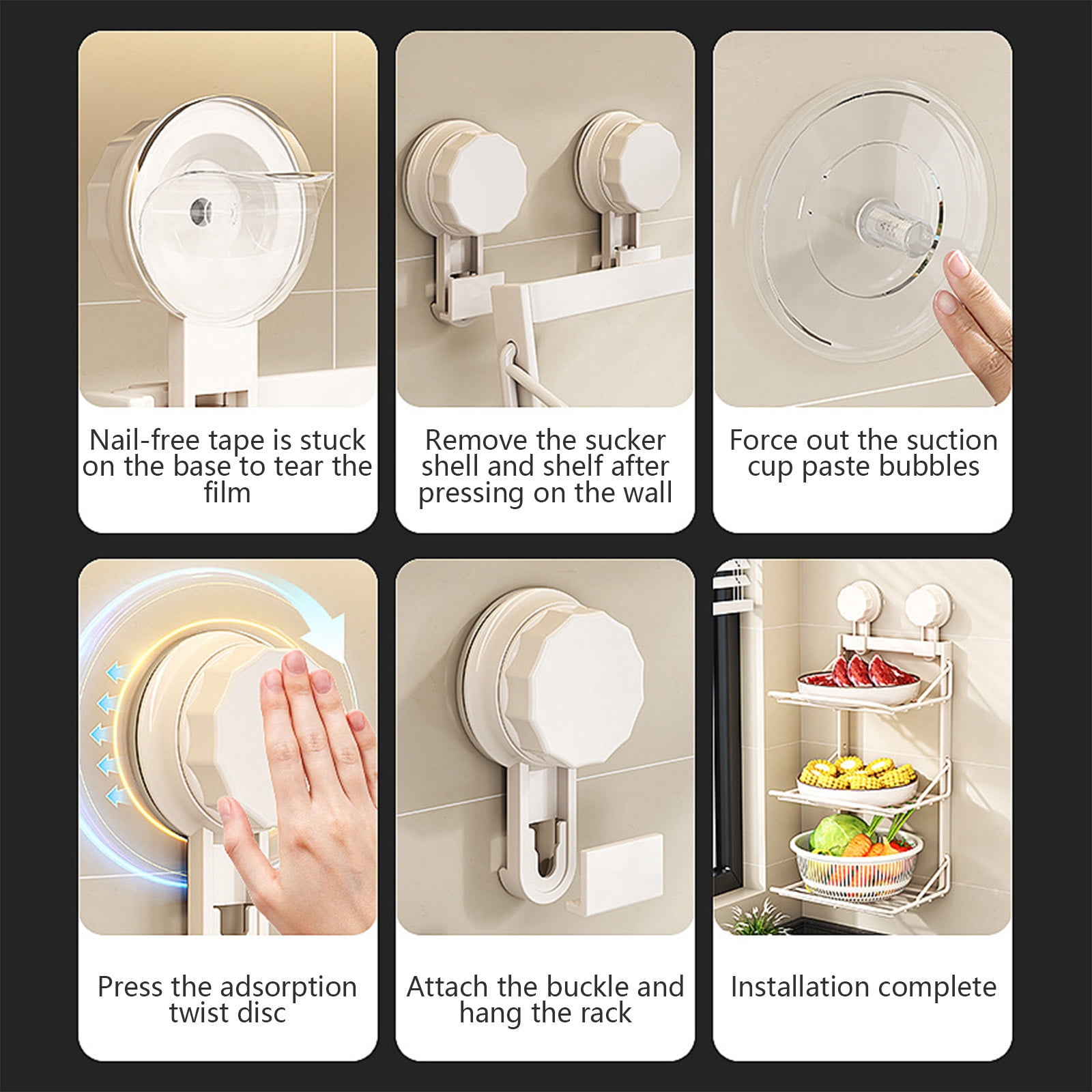 Multi-Layer Kitchen Suction Cup Storage Rack, Wall Mounted Stainless Steel Shelves for Vegetable Utensils, No Holes Required, Home Storage Organizer for Kitchen and Bathroom