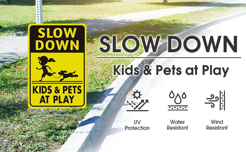Faittoo Slow Down Signs, Kids and Pets at Play Sign with Stake,18 x 12 Double-Sided Corrugated Plastic Yard Sign, Easy to Assemble, Waterproof, Weather Resistant, Non-Fading,(2 Pack)