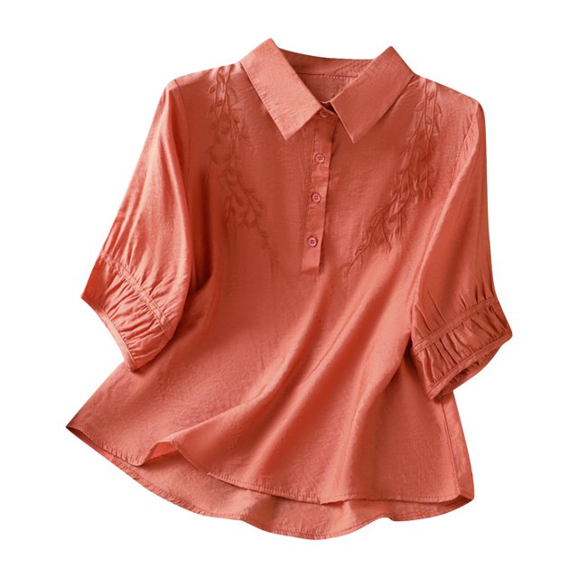 Tops de Manga de Cuarto para las Mujeres Bordados Botón de Algodón Cuello de Vuelta Cinco Cuartos de Manga de Moda