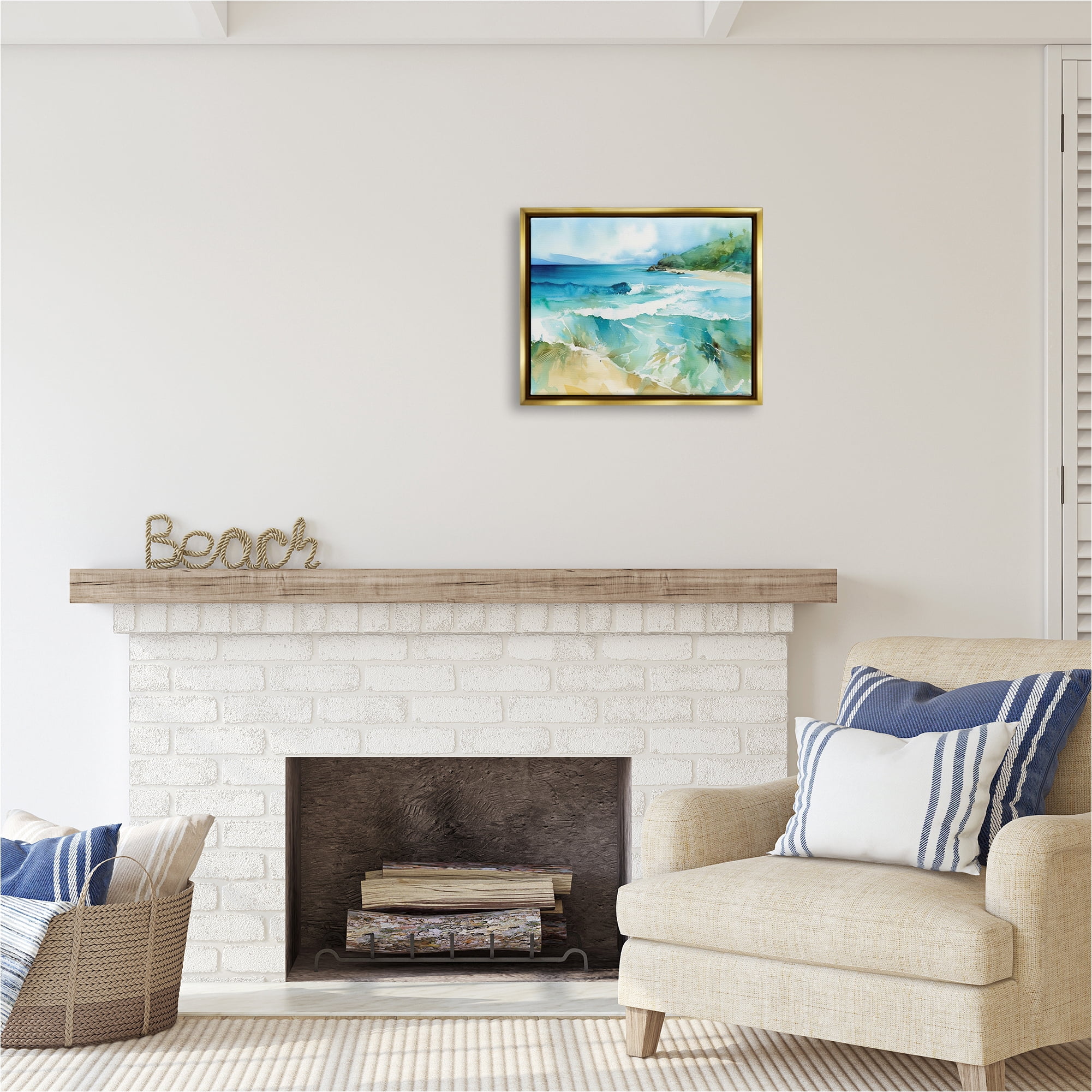 Stupell Industries Abstract Beach Waves Landscape Painting Gold Floater Framed Canvas Art Print Wall Art, 21 x 17