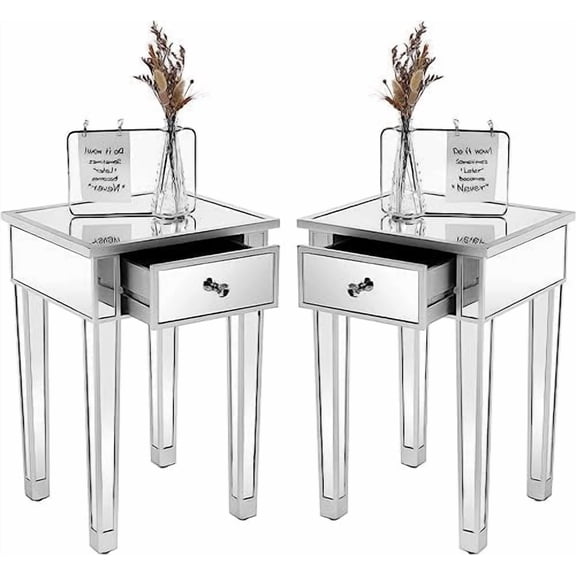Bonnlo Mirrored Nightstand Set of 2, End Table, Small Modern Bedside Table/Night Stand with Drawer for Bedroom Living Room, Silver