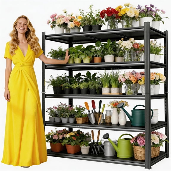 Black Metal Garage Shelving, 5 Tier Heavy Duty Shelving Unit, 3050 Lbs, Adjustable Storage Shelf Rack, Dual-Column Utility Steel Storage Shelves for Kitchen Pantry Basement Bathroom 40"W*16"D*63"H
