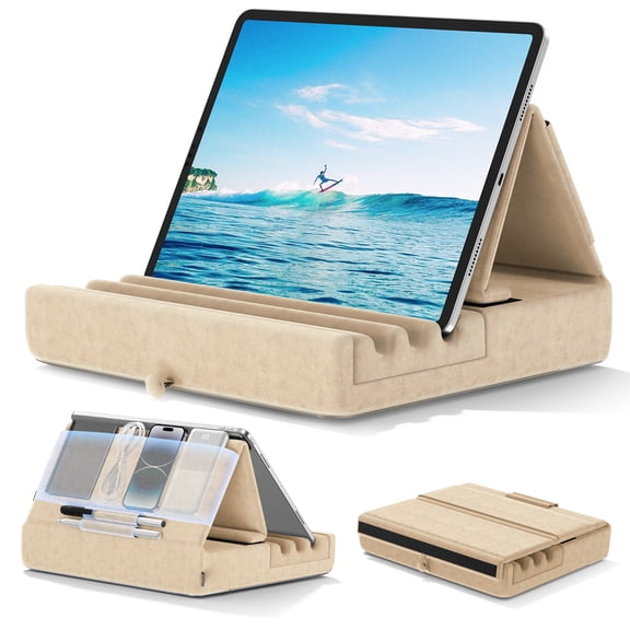 KDD Tablet Pillow Stand, iPad Tablet Stand Foldable Adjustable with Storage Bag & Stylus Mount, for Desk Bed Couch and Lap, Khaki