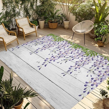 Outdoor Area Rug for Patio Spring Wisteria Floral White Plank Camping Rugs Indoor Large Floor Mat 4x6ft Country Floral Leaves Outside Carpet for Deck RV Picnic Porch Backyard Bedroom Living Room