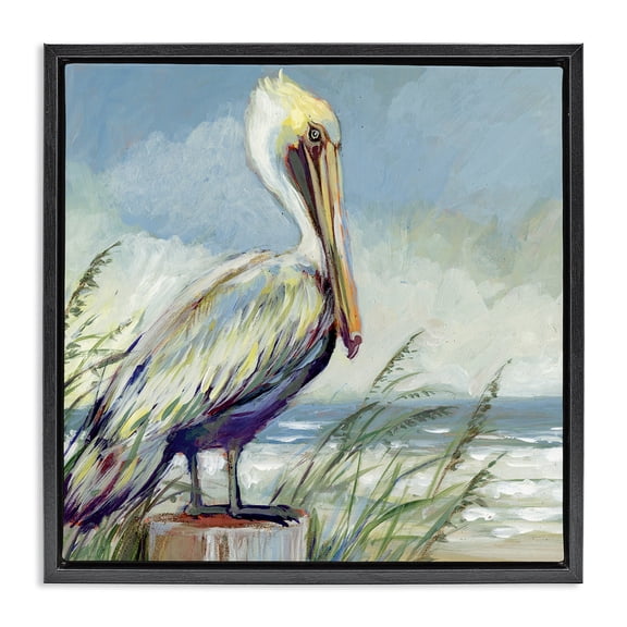 Stupell Industries Cottage Coastal Pelican Perch Black Floating Frame Canvas Art, 18 x 18, by Susan Winget