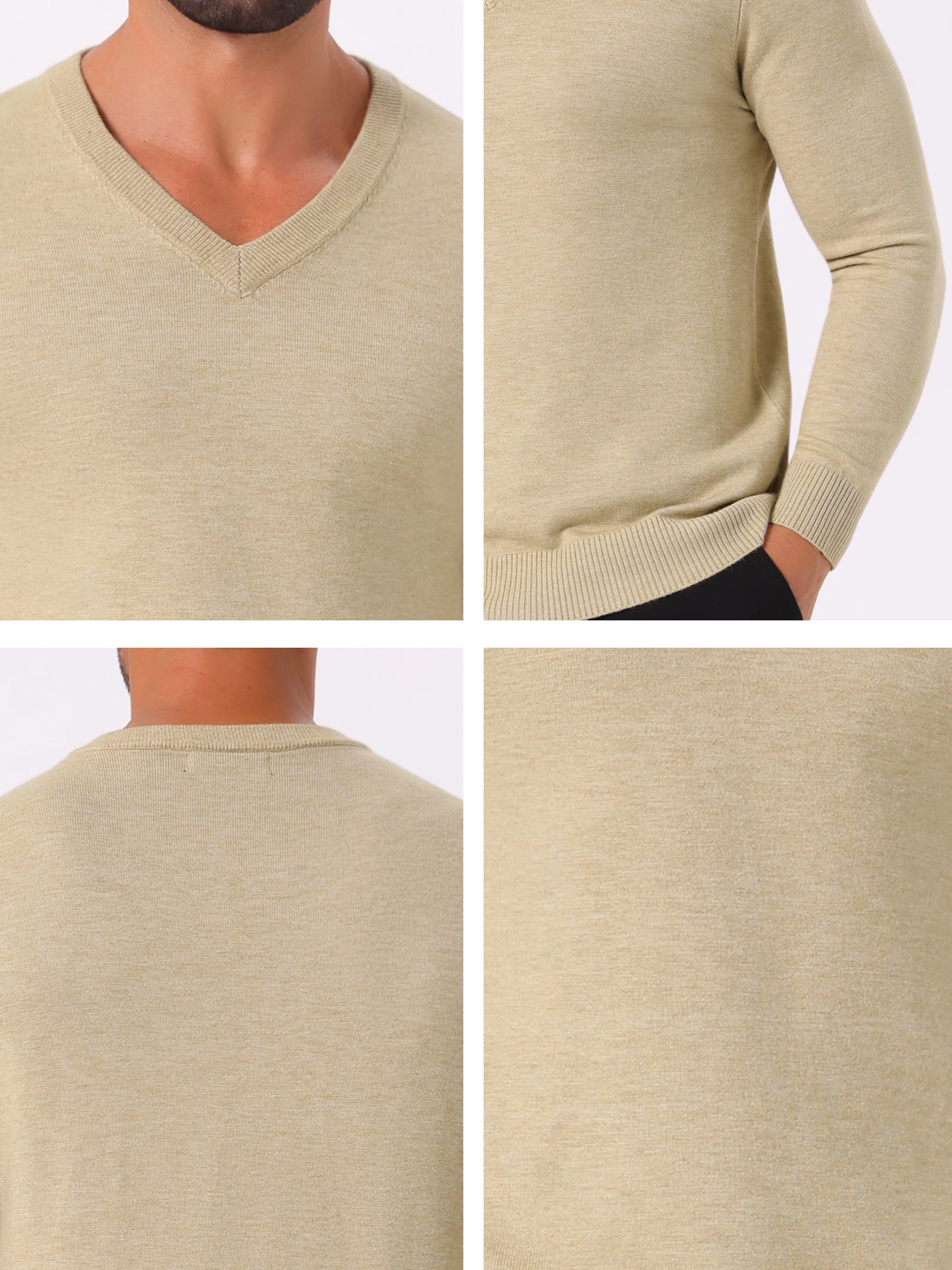 DARING DIVA Men's Long Sleeve V-Neck Solid Knitted Pullover Sweater L Beige