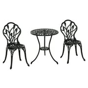 Outsunny 3 Pieces Patio Bistro Set, Outdoor Cast Aluminum Garden Table and Chairs with Umbrella Hole for Balcony, Black