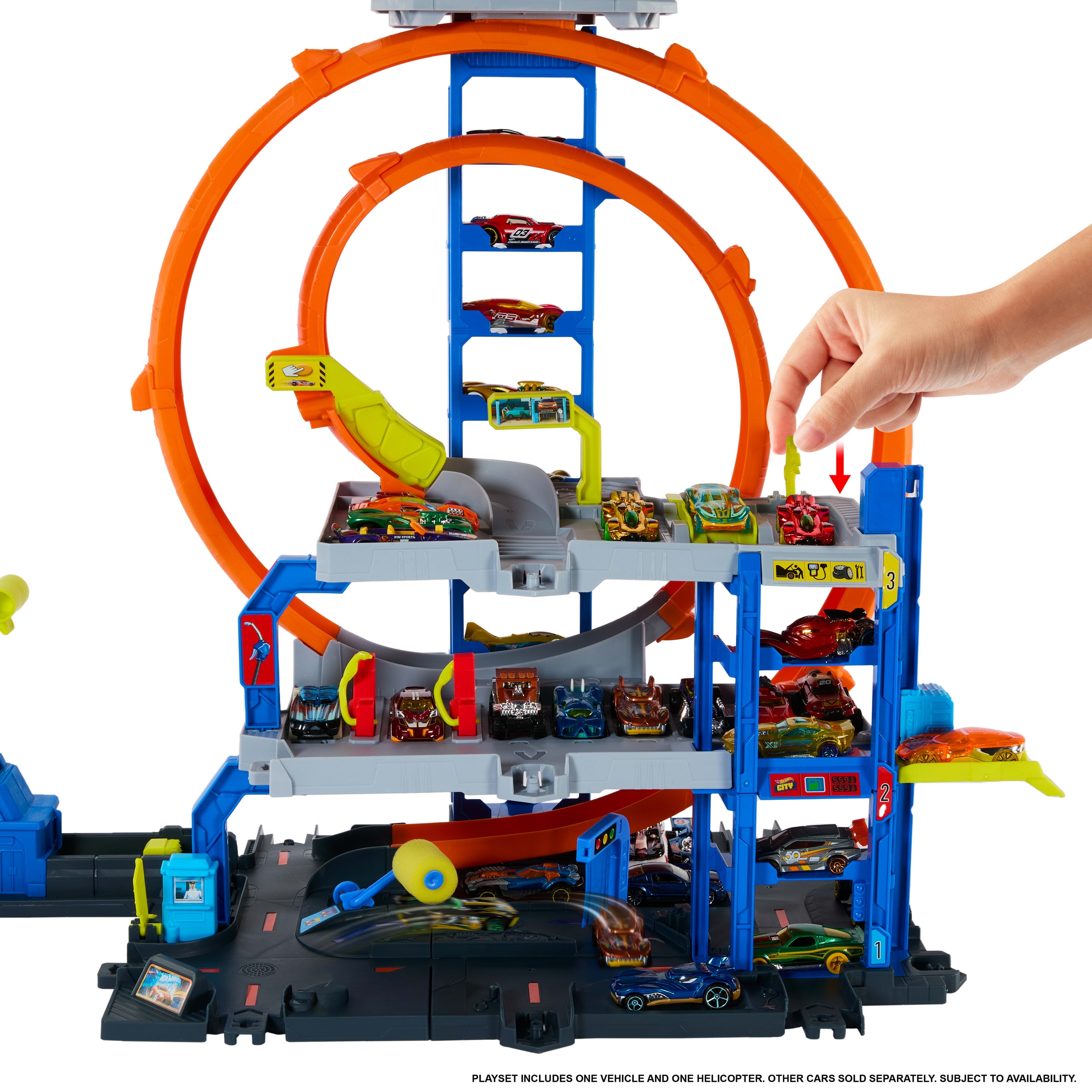Hot Wheels Mega Loop Garage Playset with 1 Die-Cast Toy Car & 1 Toy Helicopter in 1:64 Scale