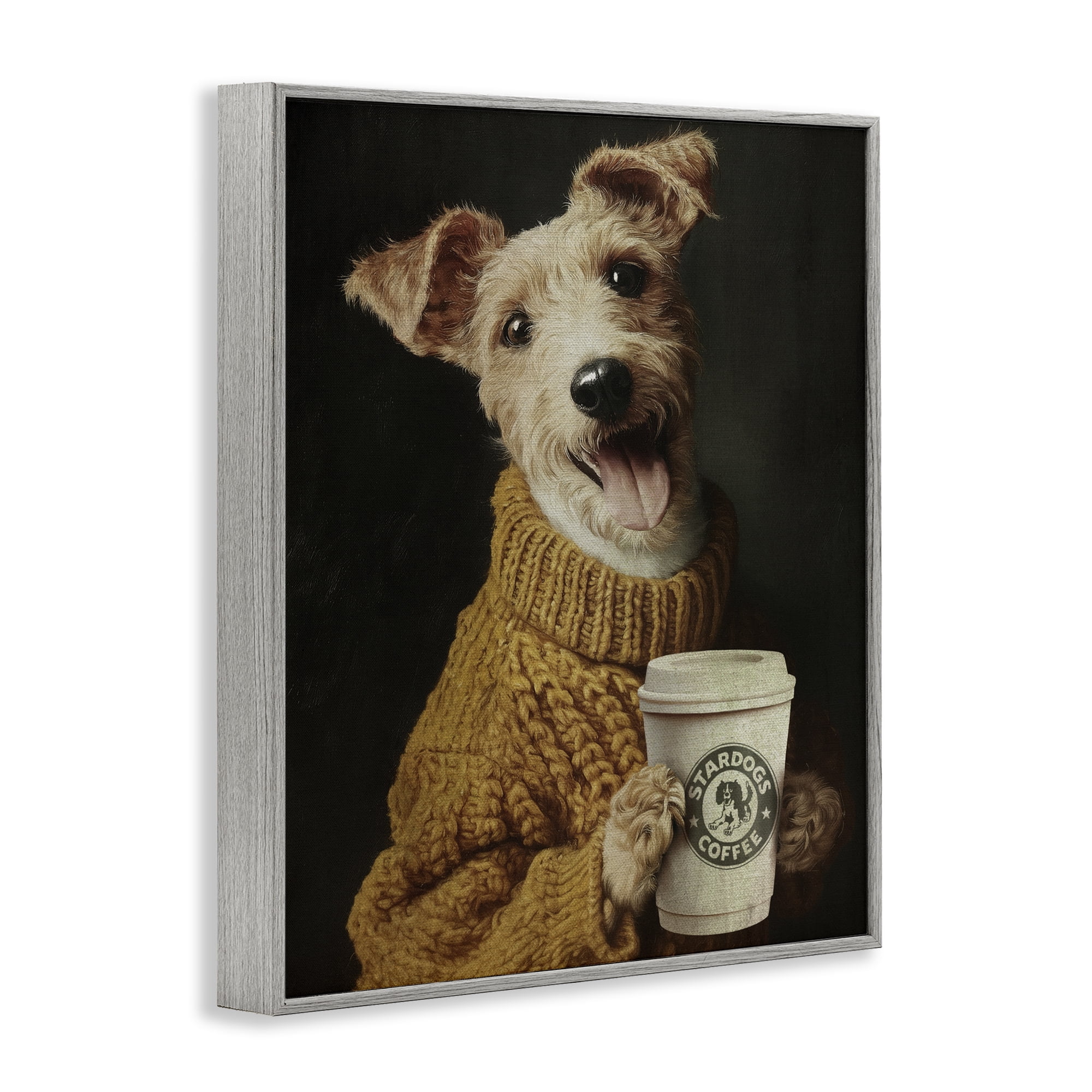 Stupell Industries Latte Lover Dog in Sweater Gray Framed Giclee Art, design by Svetlana Aleynikova