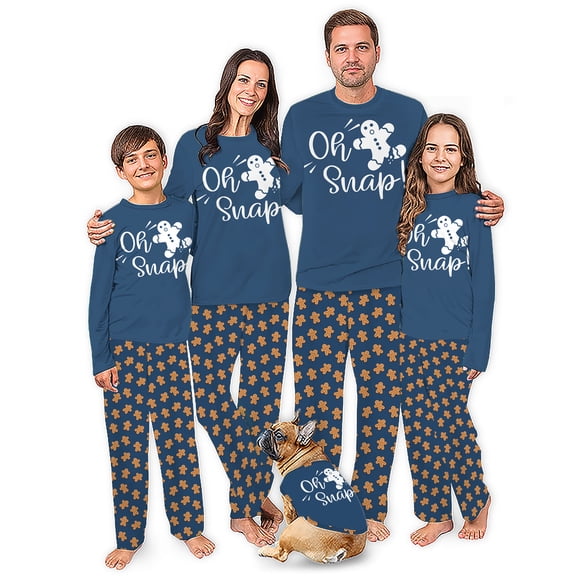 Oh Snap Gingerbread Matching Family Christmas Pajamas With Dog, Blue Gingerbread Holiday PJs, Plus Sizes, With Pockets