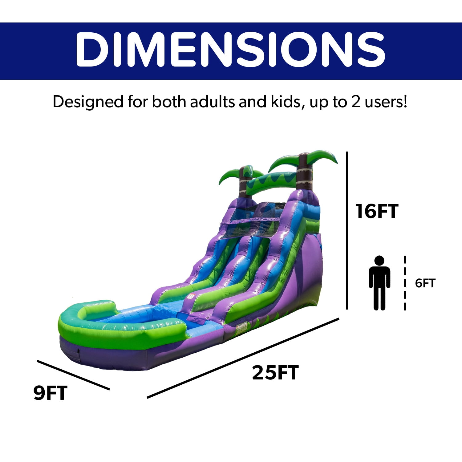 HeroKiddo 16 FT Inflatable Waterslide, Purple Tropical Commercial Grade with Splash Pool for Kids & Adults, Wet/Dry Use