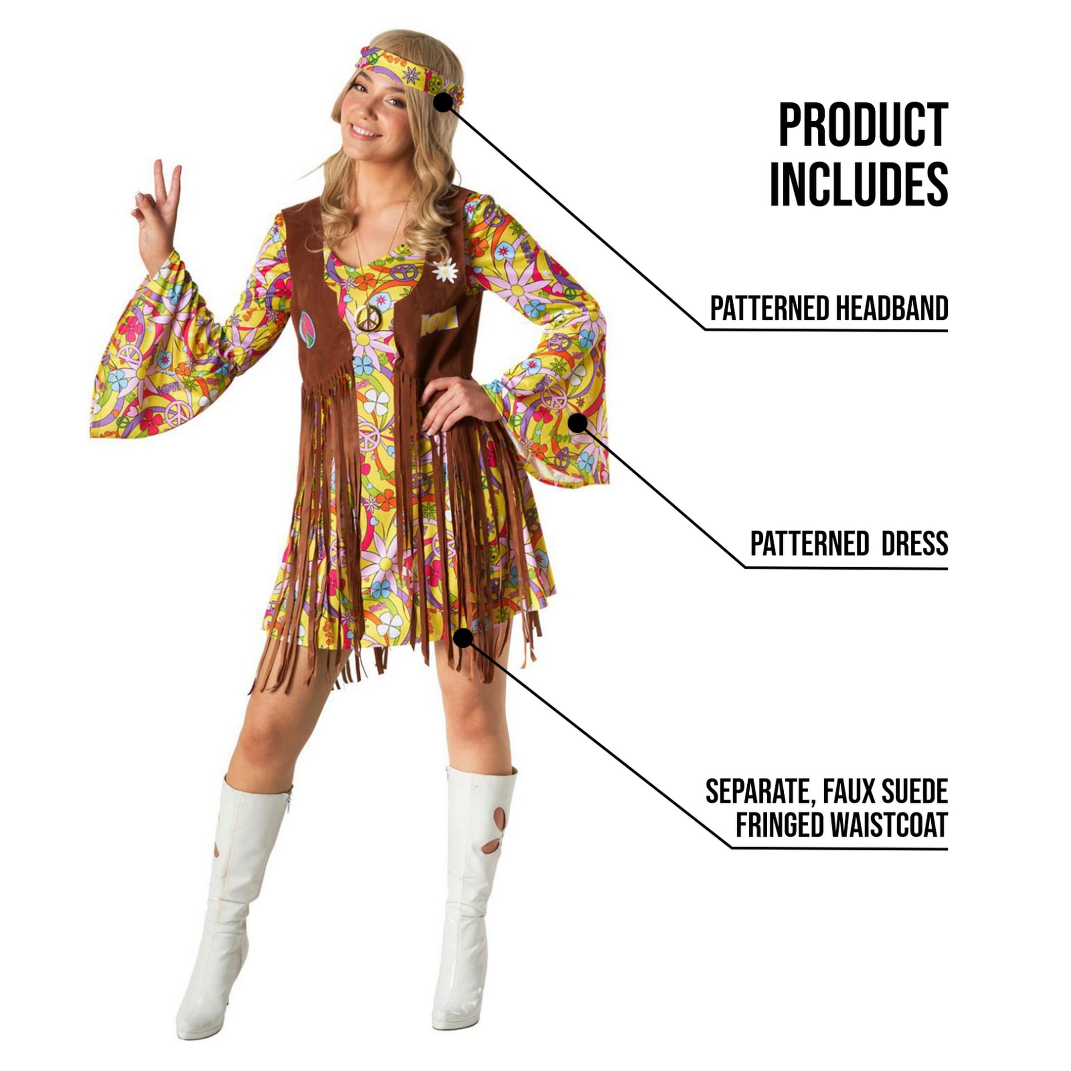 Morph Womens 1970s Hippie Costume Ladies 70 Flower Child Fancy Dress Hippy Halloween As Shown L Walmart