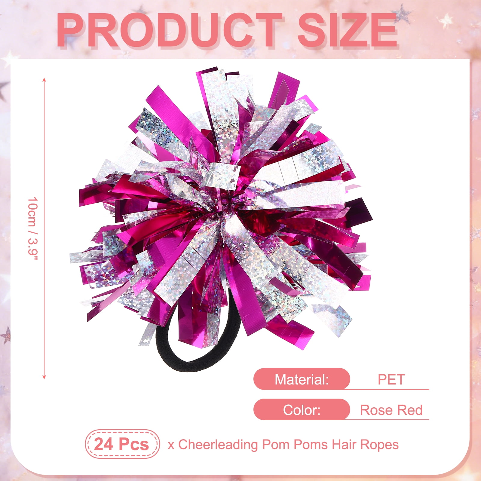 Uxcell 24 Pcs Cheerleading Pom Poms Hair Ropes for Basketball Game,Outdoor Activities, Rose Red