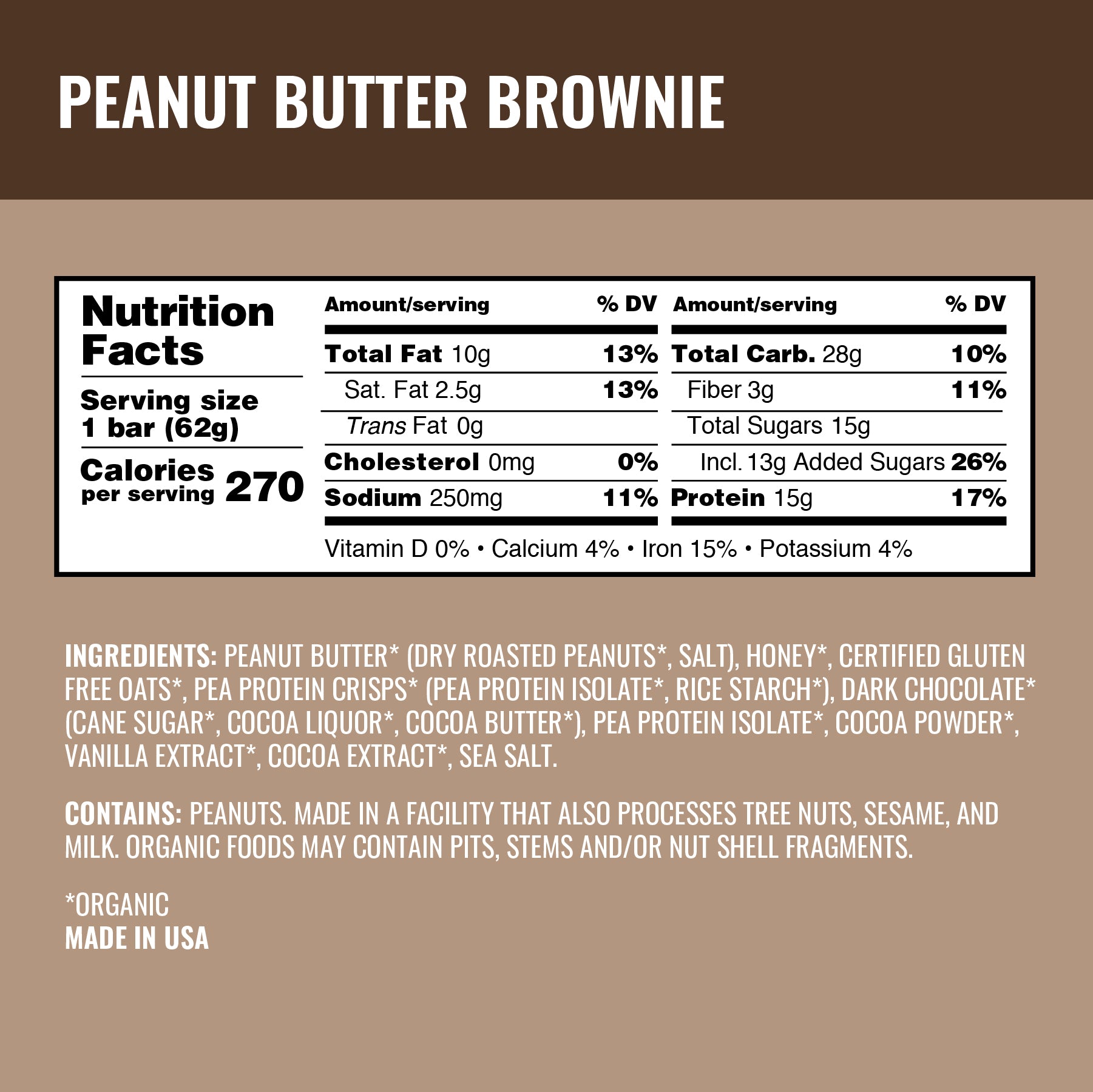 (Pack of 12) Kates Real Food Bar Protein Peanut Butter Brownie Organic 2.2 Oz