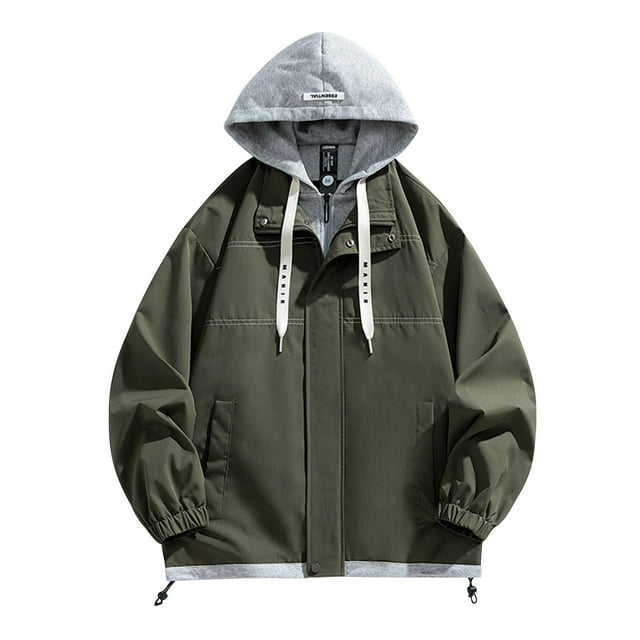 WRKEKC Men's Work Jacket Hooded Utility Cardigan with Faux Two-Piece Design and Zipper Pockets for Durable Casual and Functional Wear in Solid Color Army Green L