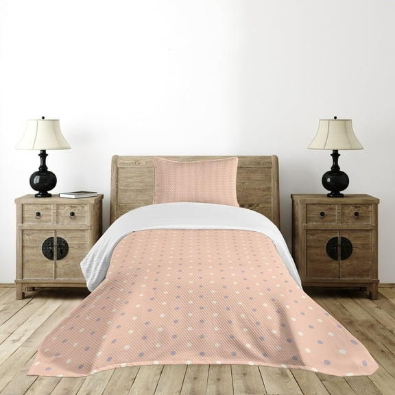 Ambesonne Pink Quilted Bedspread Set 2 Pcs, Retro Vintage Lilac Dots, Twin Size, Salmon Lilac and White