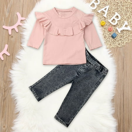 

Leutsin Toddler Baby Kids Girls Solid Floral Pullover Tops+Jeans Pants Outfits Sets