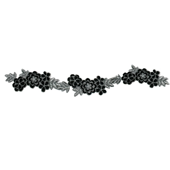 1.75" Embroidered Floral Black with Silver Metallic by Yard (1.75" Black)