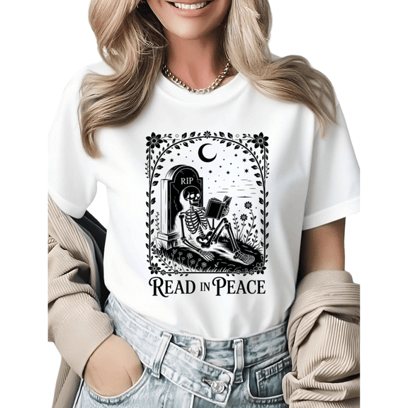 Funny Reading Skeleton Read In Peace Graphic Tees Womans Tshirt Shirts Black White S-5XL Tops