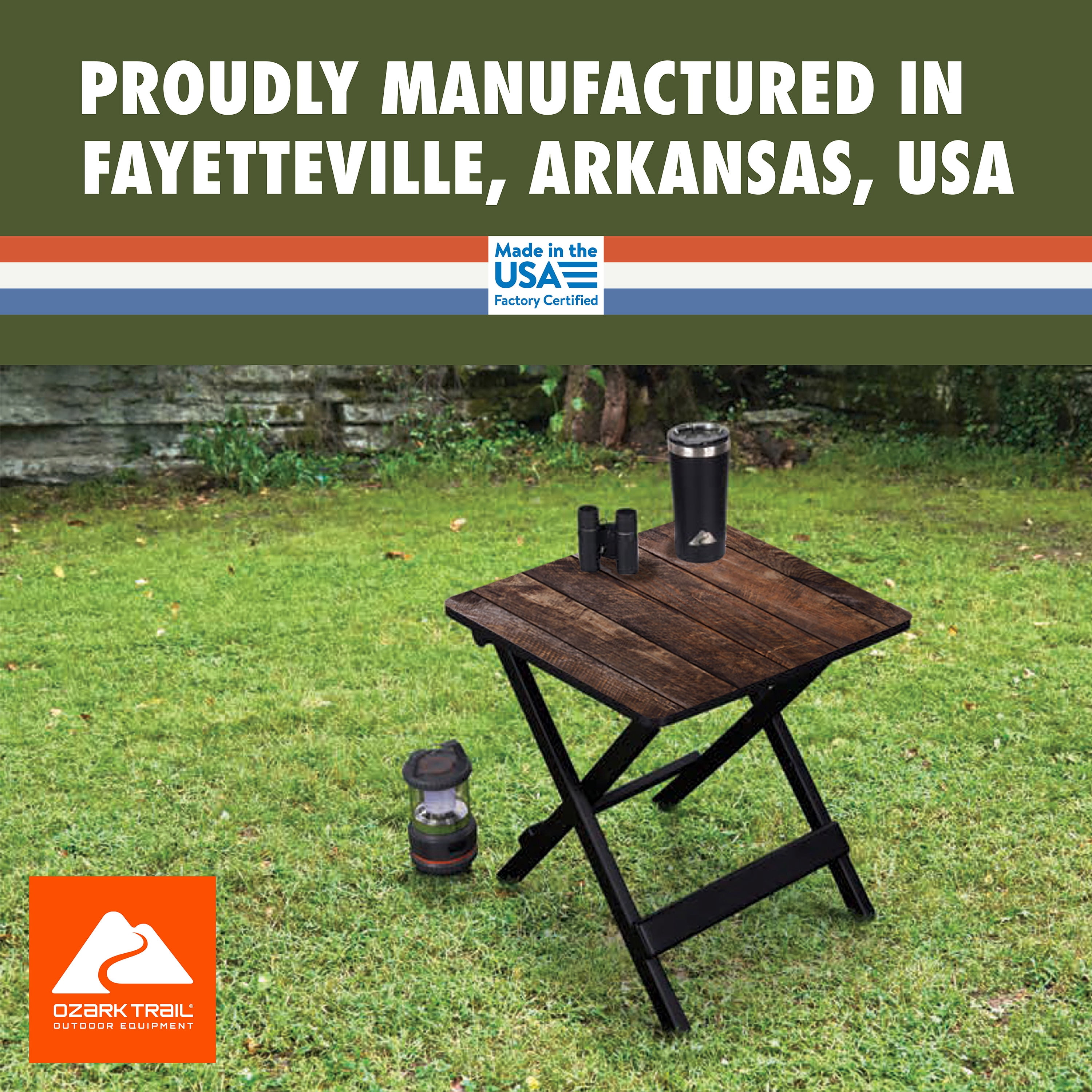 Ozark Trail 19-inch Plastic Folding Outdoor Camp Side Table, Brown Wood Print