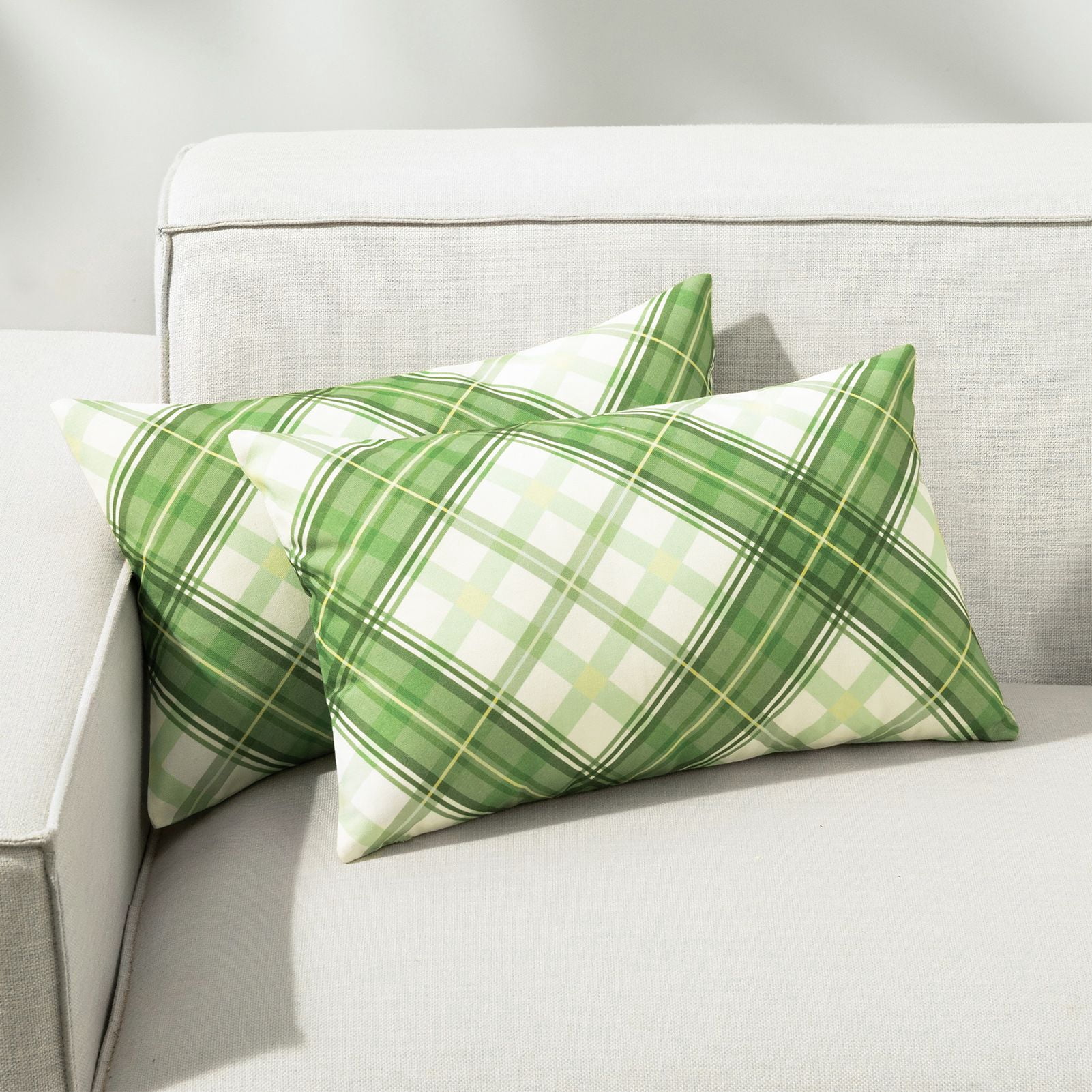 Phantoscope Buffalo Plaid Decorative Throw Pillows with Inserts, Double-Sided Printed Checkered Design, 12 x 20 in, Light Green, 2 Pack