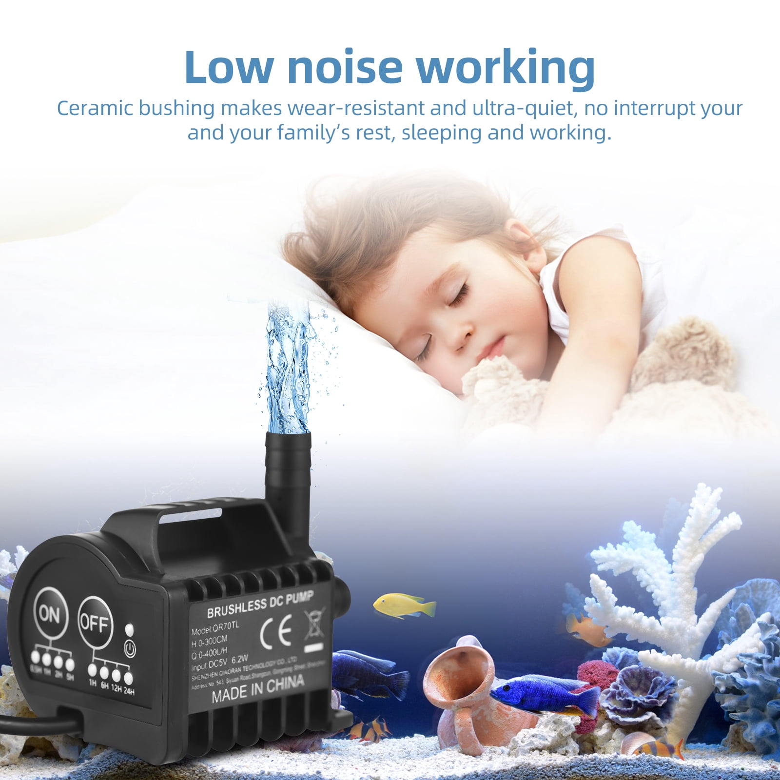 Mini 5V Water Pump with 4 Gear On/Off Timing, Acceleration and Deceleration Function, Max 400L/H Flow 9.8ft Lift, USB Charging Cable and Suction Cup Base