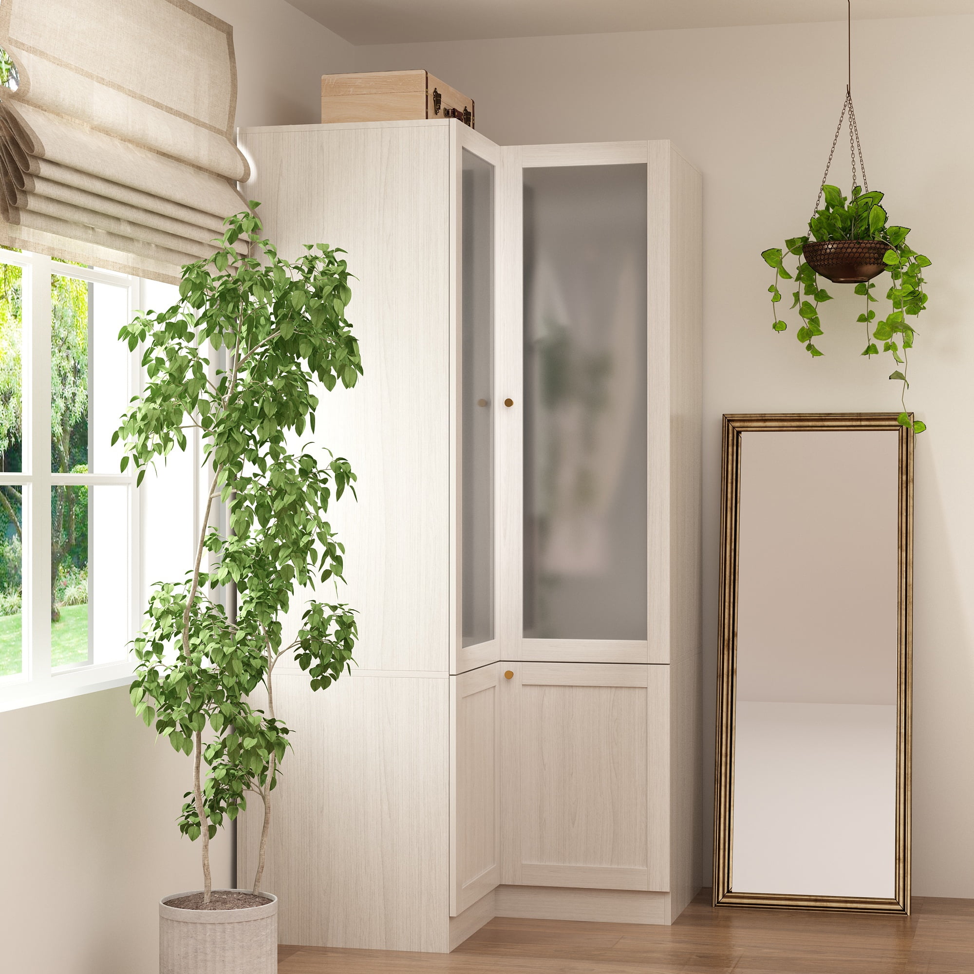 KULAGAGA Corner Armoire Wardrobe with Frosted Glass Doors, L-Shaped Closet Cabinet with Shelves and Hanging Rail for Bedroom