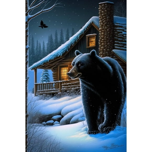 Winter Wonderland Diamond Painting Kit - Full Round Drill Cross Stitch for Beginners - Romantic Snow House Black Bear Landscape Art - Room and Club Decor - 12x12inch