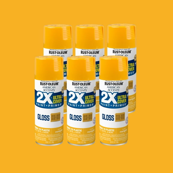 6 Pack, Marigold Rust-Oleum American Accents 2X Ultra Cover Gloss Spray Paint-327896, 12 oz