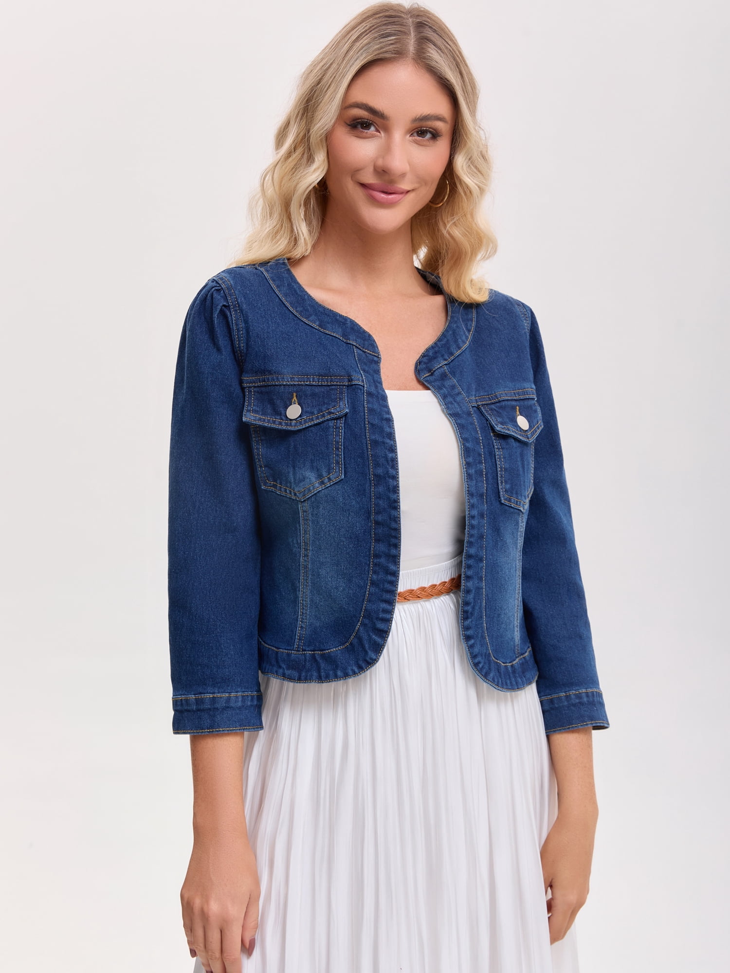 DARING DIVA Women's Collarless Cardigan 3/4 Sleeve Jean Jacket XL Dark Blue