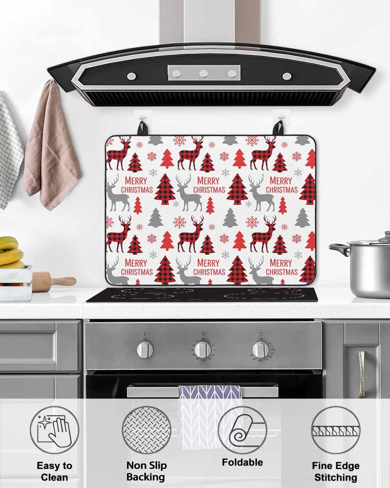 Large Induction Cooktop Protector Mat Christmas Stove Top Covers for Electric Stove, Xmas Plaid Elk Winter Red Black Tree Snowflakes Decorative Stove Burner Cover Mats, Glass Top Stove Cover