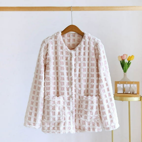 FDGIU Women's Fleece Pajama Jacket‌, Oversized V-Neck Cardigan Coat with Pockets, Cozy Winter Sleepwear & Loungewear