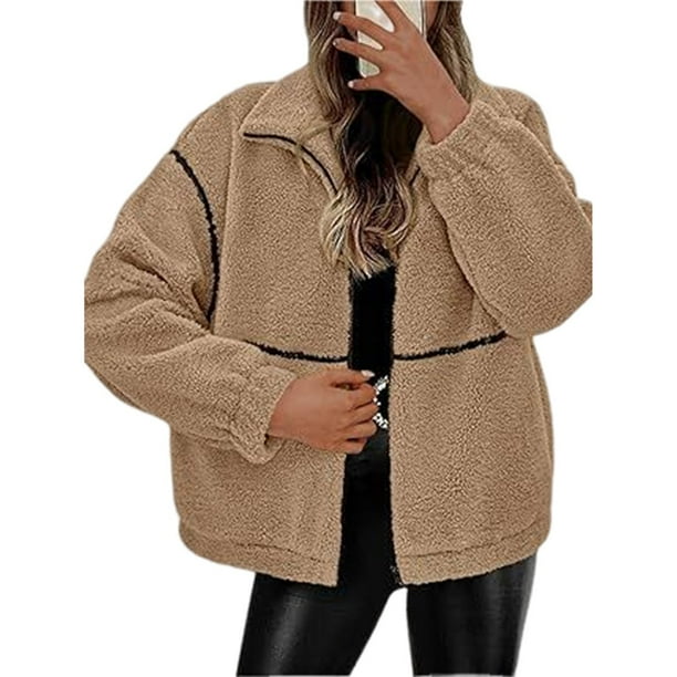 Abrigo de Mujer Informal con Solapa, Cremallera , Forro , Larga, Corte Oversize, Cálido, Ideal para el Invierno, con Bolsillos Caqui L
