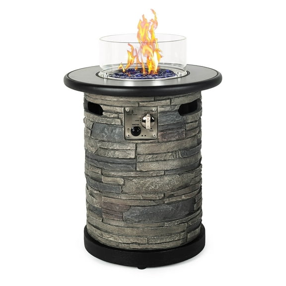 BAIDE HOME 22" Column Outdoor Propane Fire Pit, 40,000 BTU Round Gas Fire Bowl with Porcelain Tile Top, Wind Glass Shield, Glass Rocks, Cover