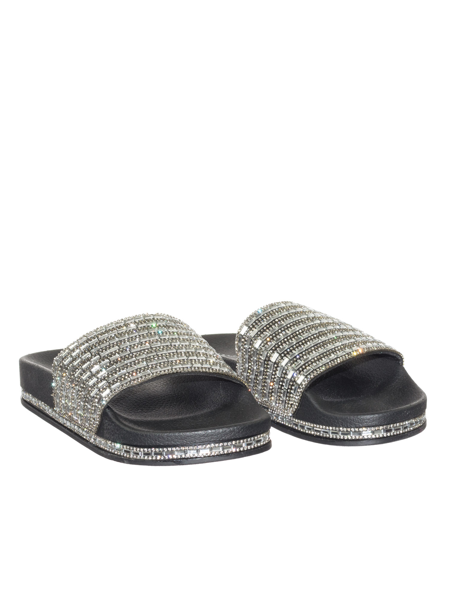 Women/'s Flat Slip On Slides Sandals Rhinestone Embellished Bamboo Dazzling-02