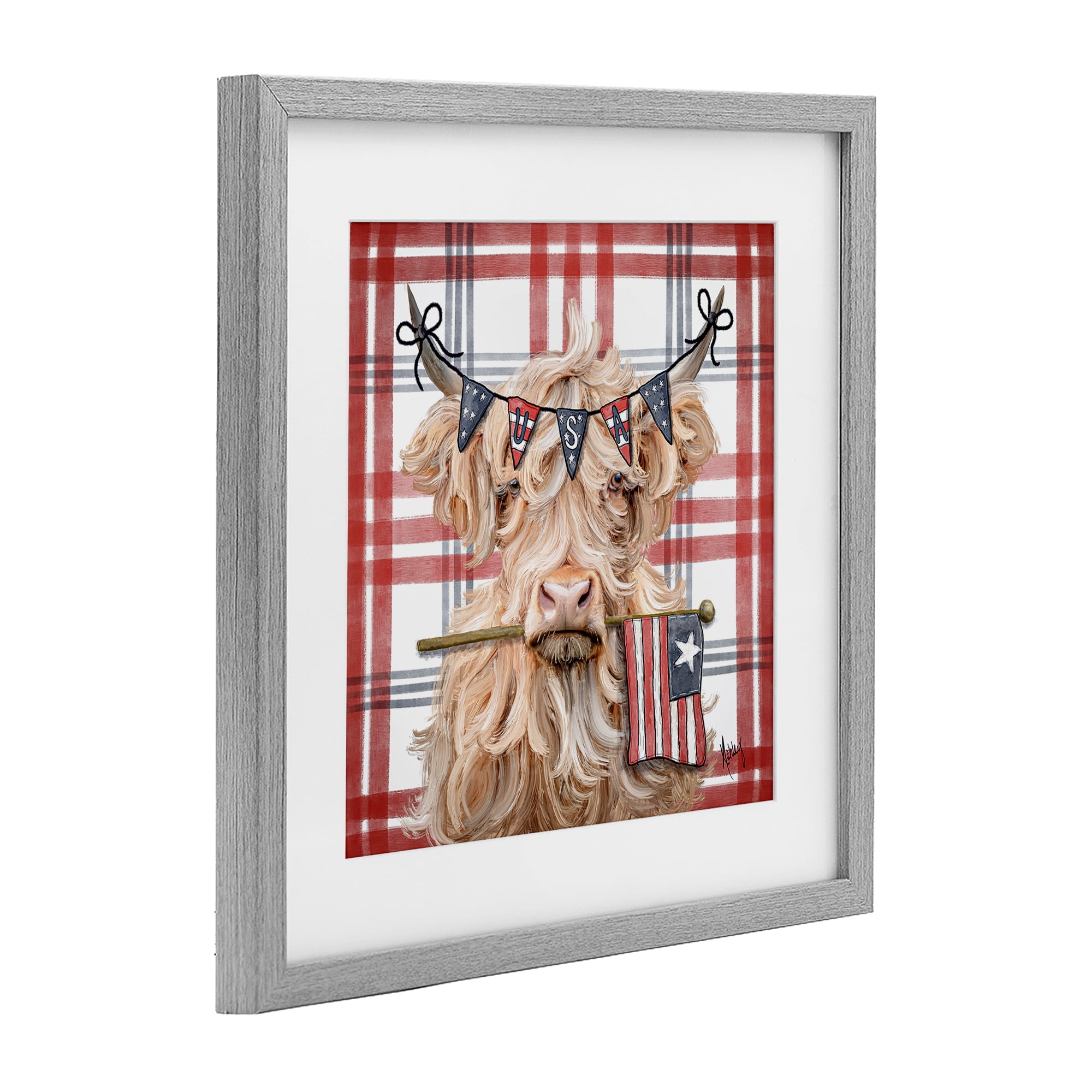 USA Plaid Highland Cattle Gray Framed Print Under Glass, design by Ashley Bradley