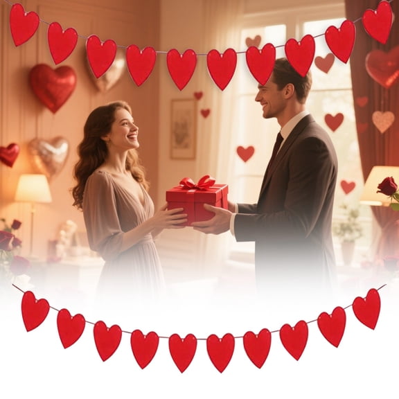 Valentine's Day Red Felt Heart Banner, Pre-Strung Valentines Decor, Red Felt Heart Hanging Banner, Red Heart String Banner for Indoor Outdoor Home Anniversary Wedding Decor