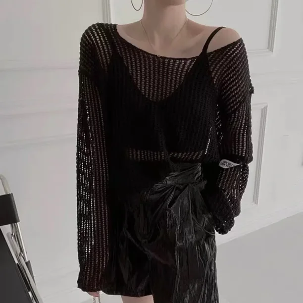 summer Women's Knitted Sweaters Lady Hollow Out Mesh Thin Pullover See Through Look Long Sleeve Loose Tops Smock Sunscreen shirt